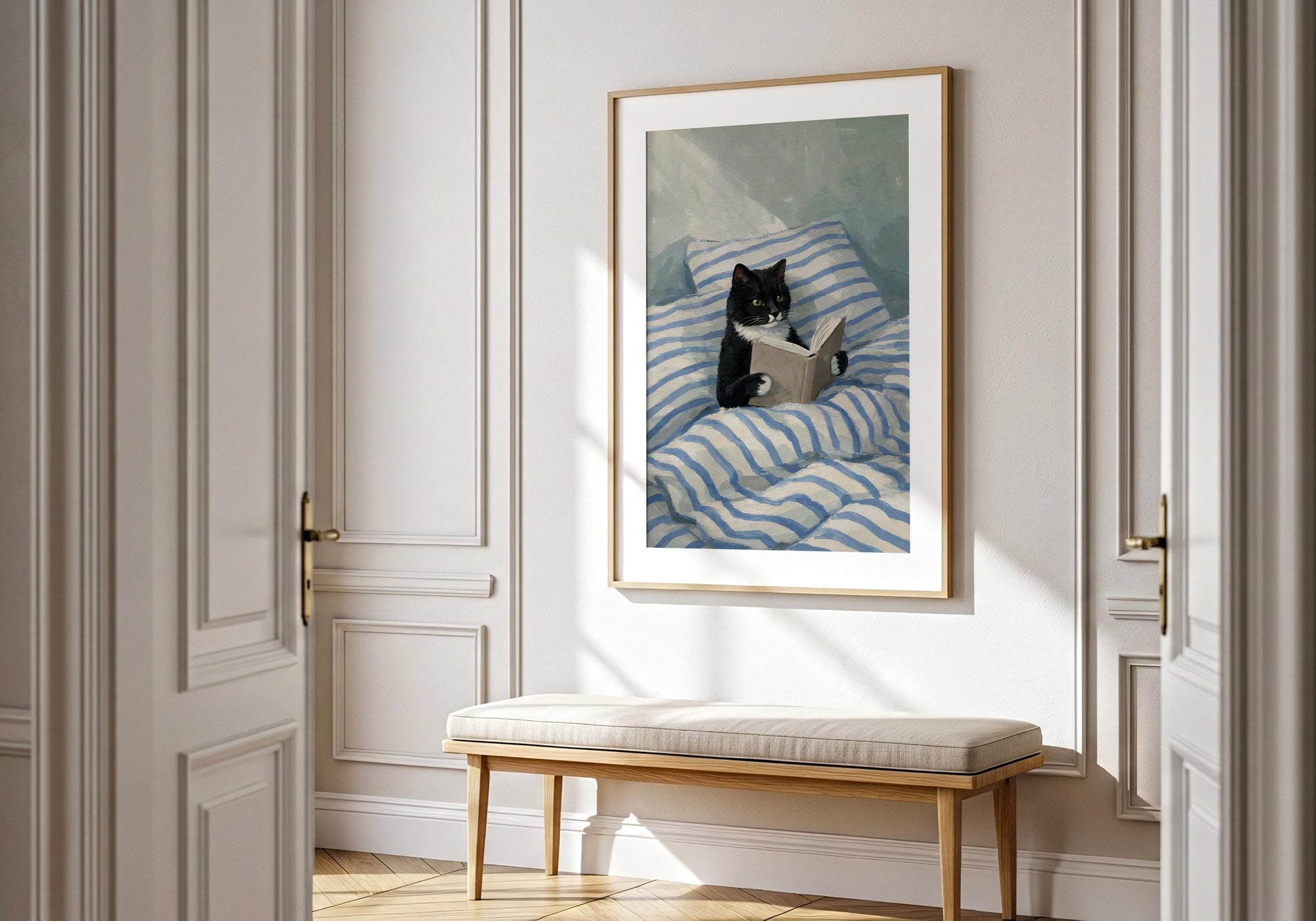 Relaxing reading cat print with striped bedding, calm home decor style