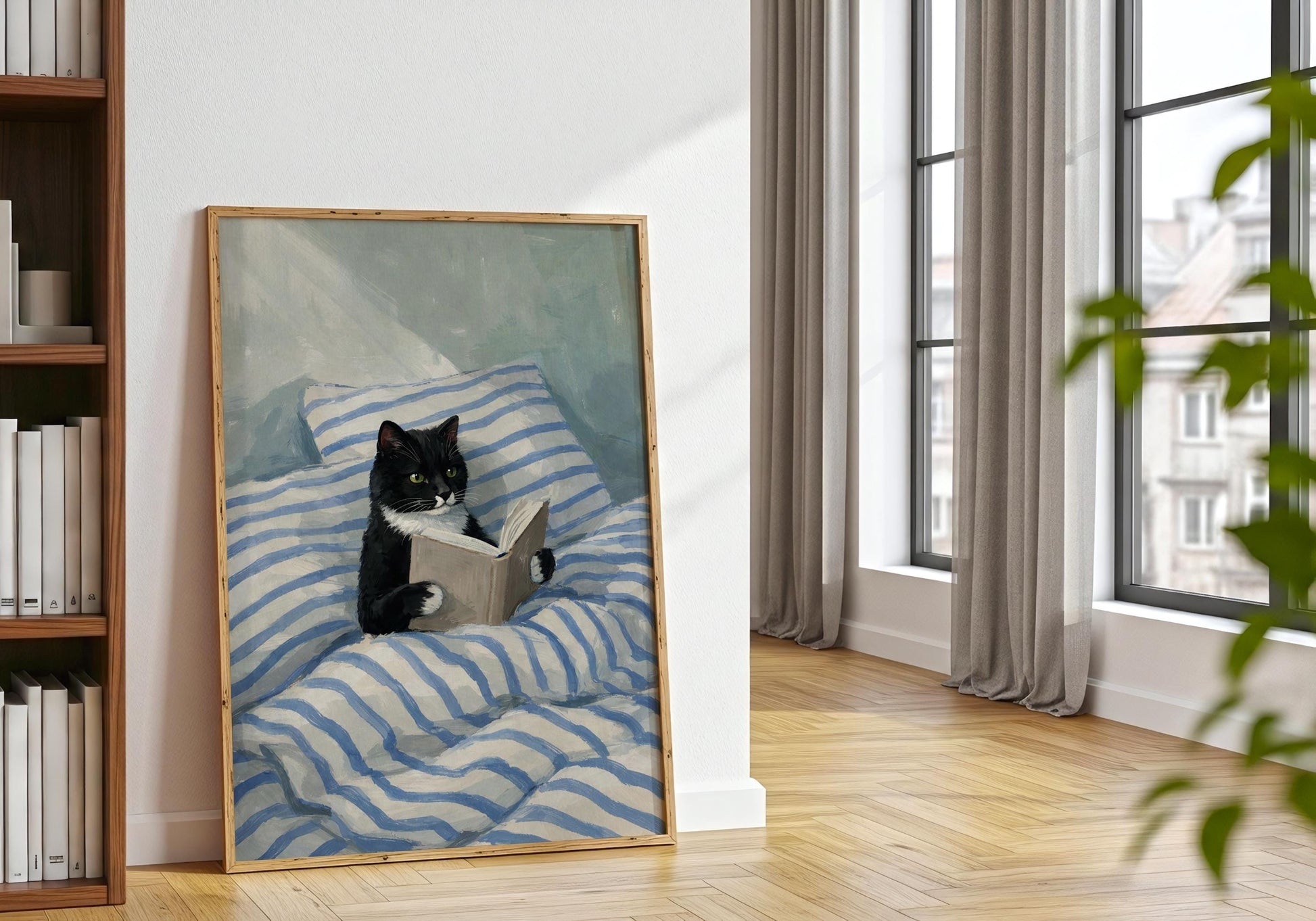 Cat reading print for bedroom, calm and relaxing home aesthetic