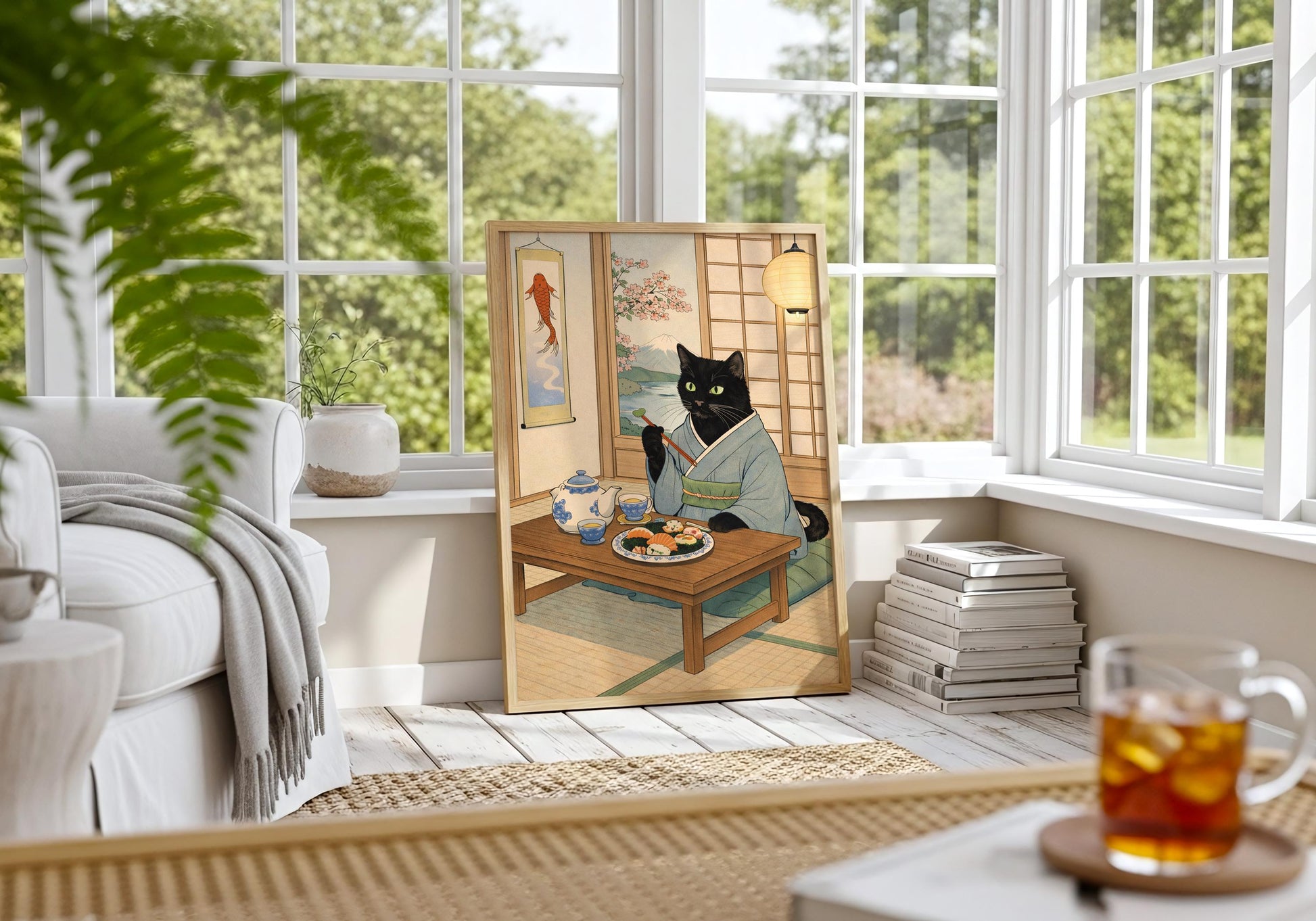Sushi cat wall art print, Japanese style interior with tea set and tatami room