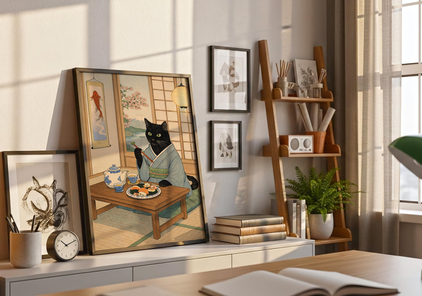Japanese black cat art print with sushi and chopsticks, asian decor wall art