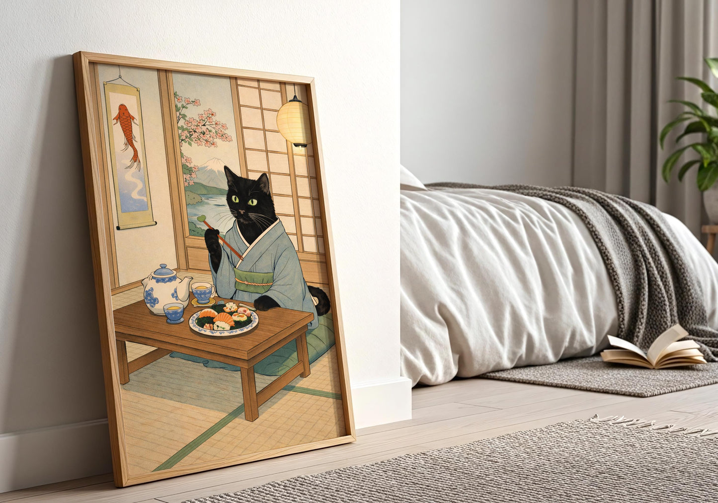Cat eating sushi wall art, Japanese cultural decor with traditional room setting