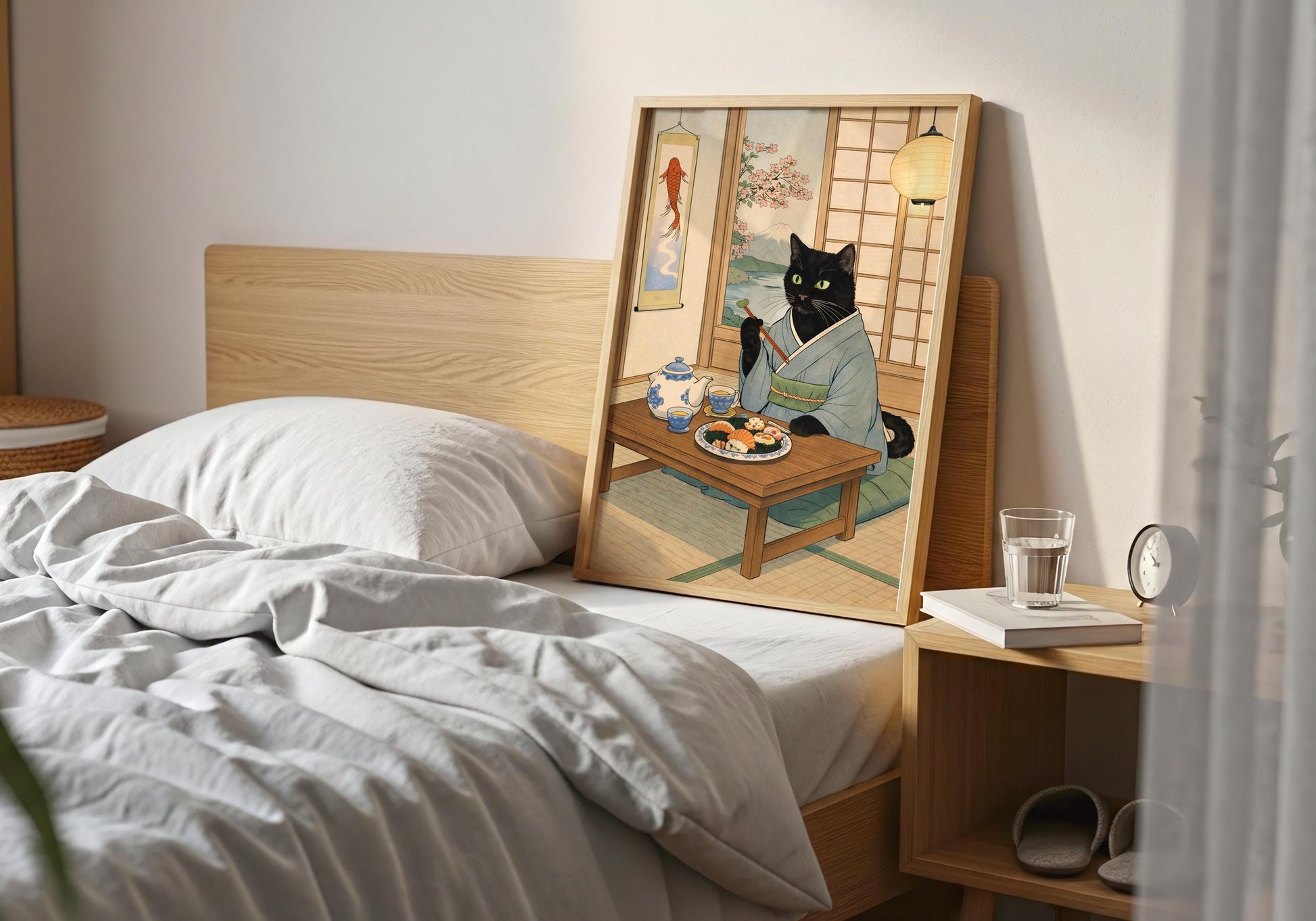 Kawaii sushi cat illustration print, cute Japanese food themed wall decor
