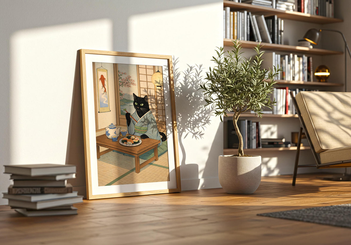 Asian aesthetic wall art print with black cat dining on sushi, cozy interior scene