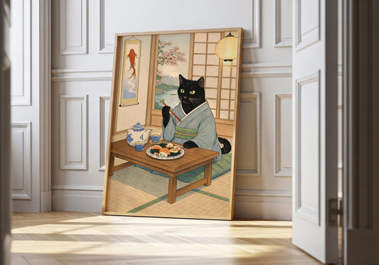 Japanese cat sushi wall art print, black cat eating sushi in traditional setting