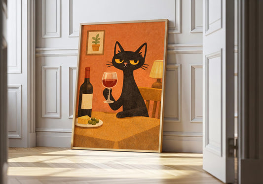 Wine Cat Art – Funny Cat Print for Wine Lovers