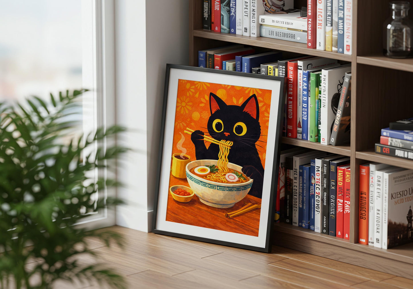 Cute black cat noodle art print, orange aesthetic kitchen decor