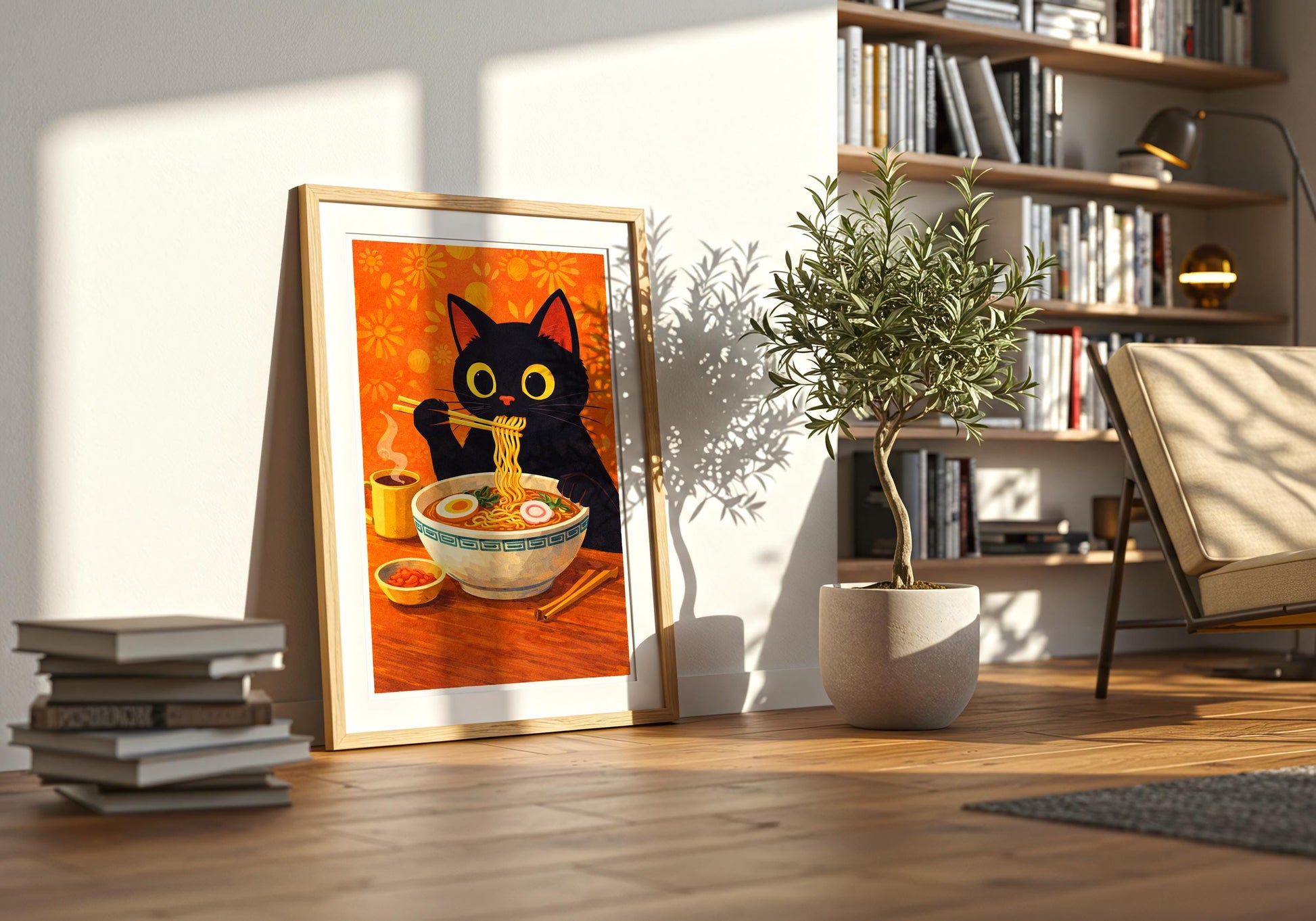Kawaii cat eating ramen wall art, fun foodie home decor print