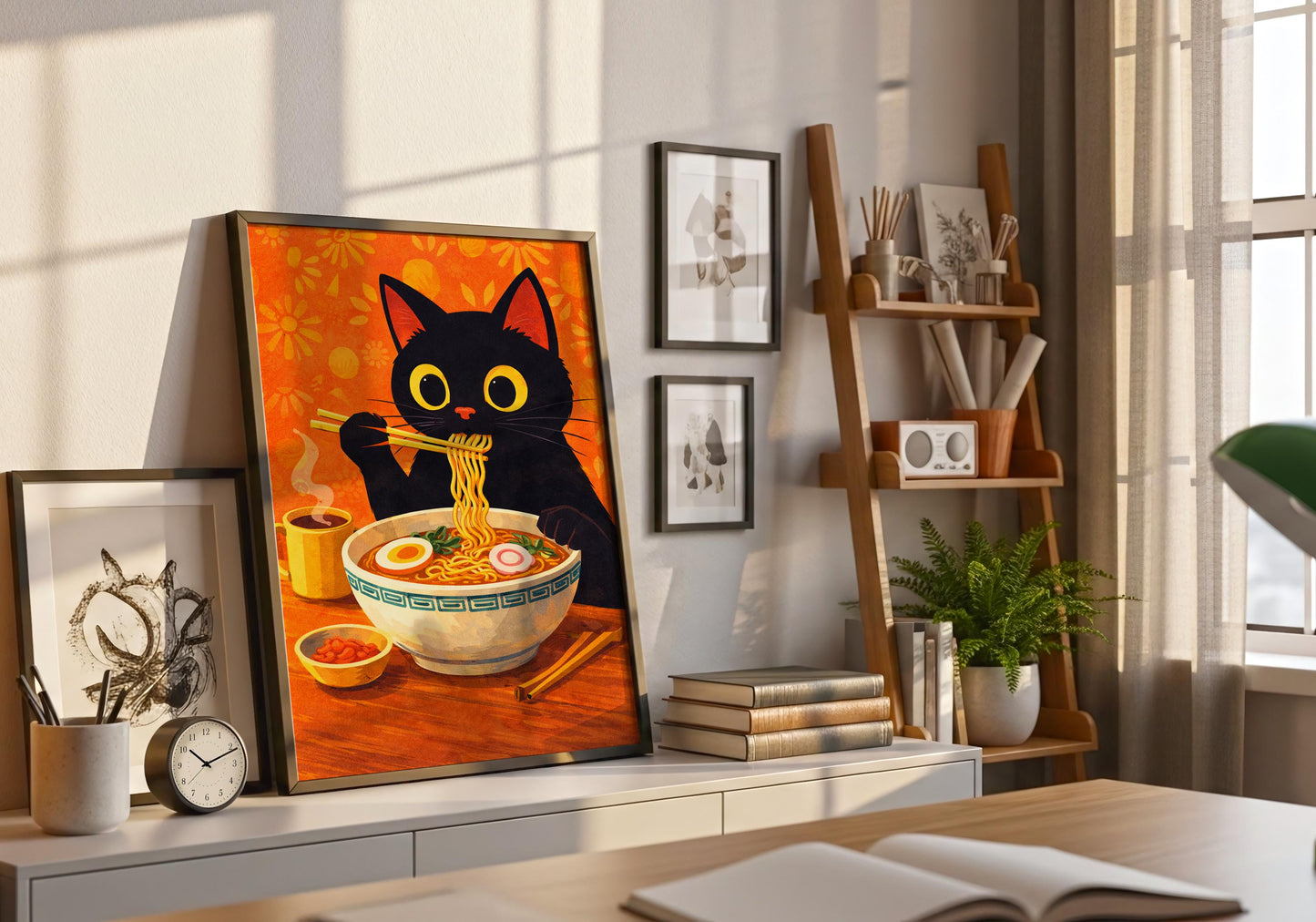 Ramen lover gift with black cat illustration, fun kitchen wall decor