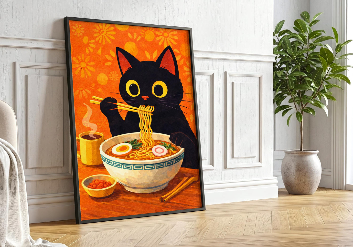 Cat eating noodles wall art print, bright orange kitchen decor