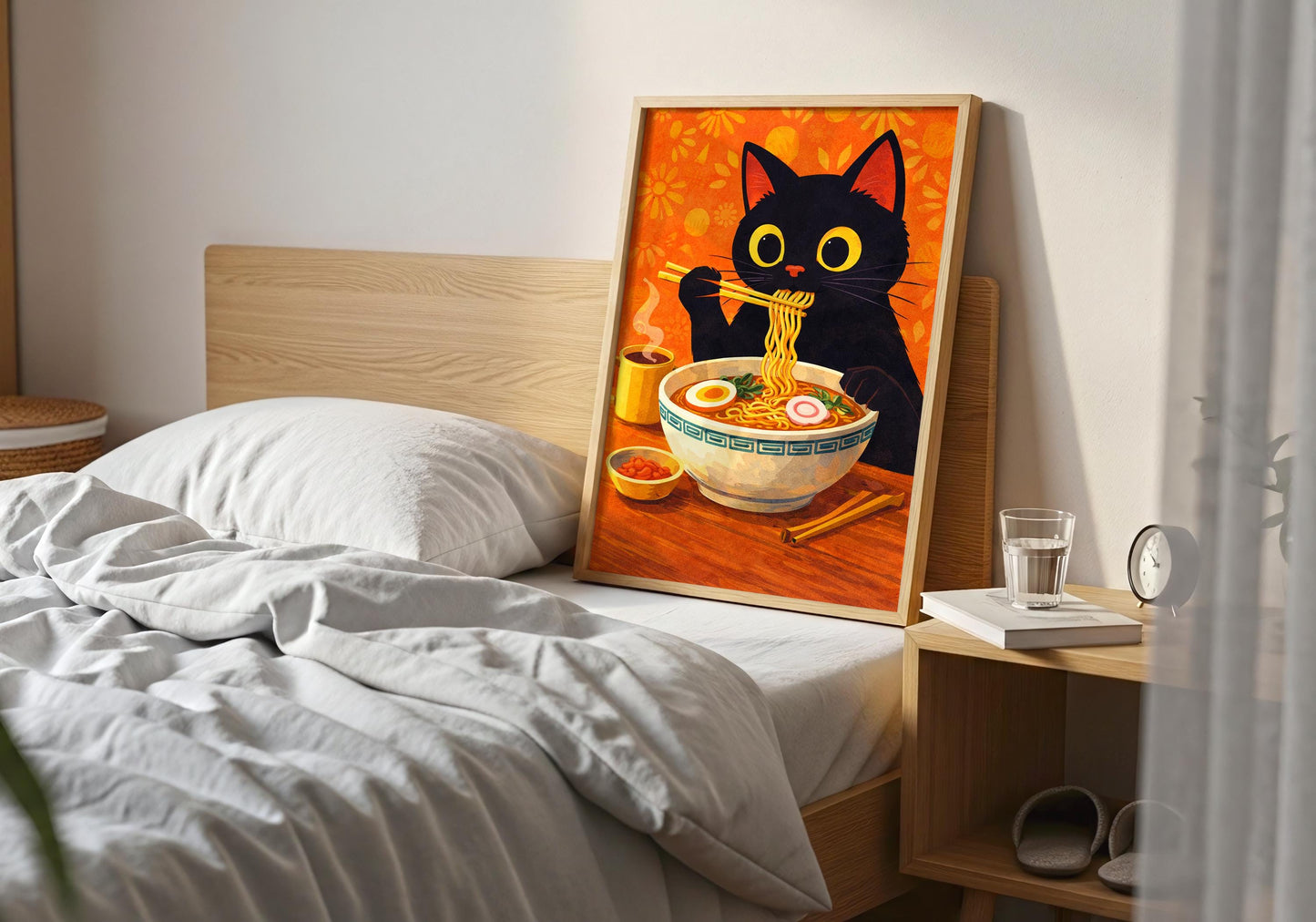 Anime style cat ramen print, cute food themed wall art