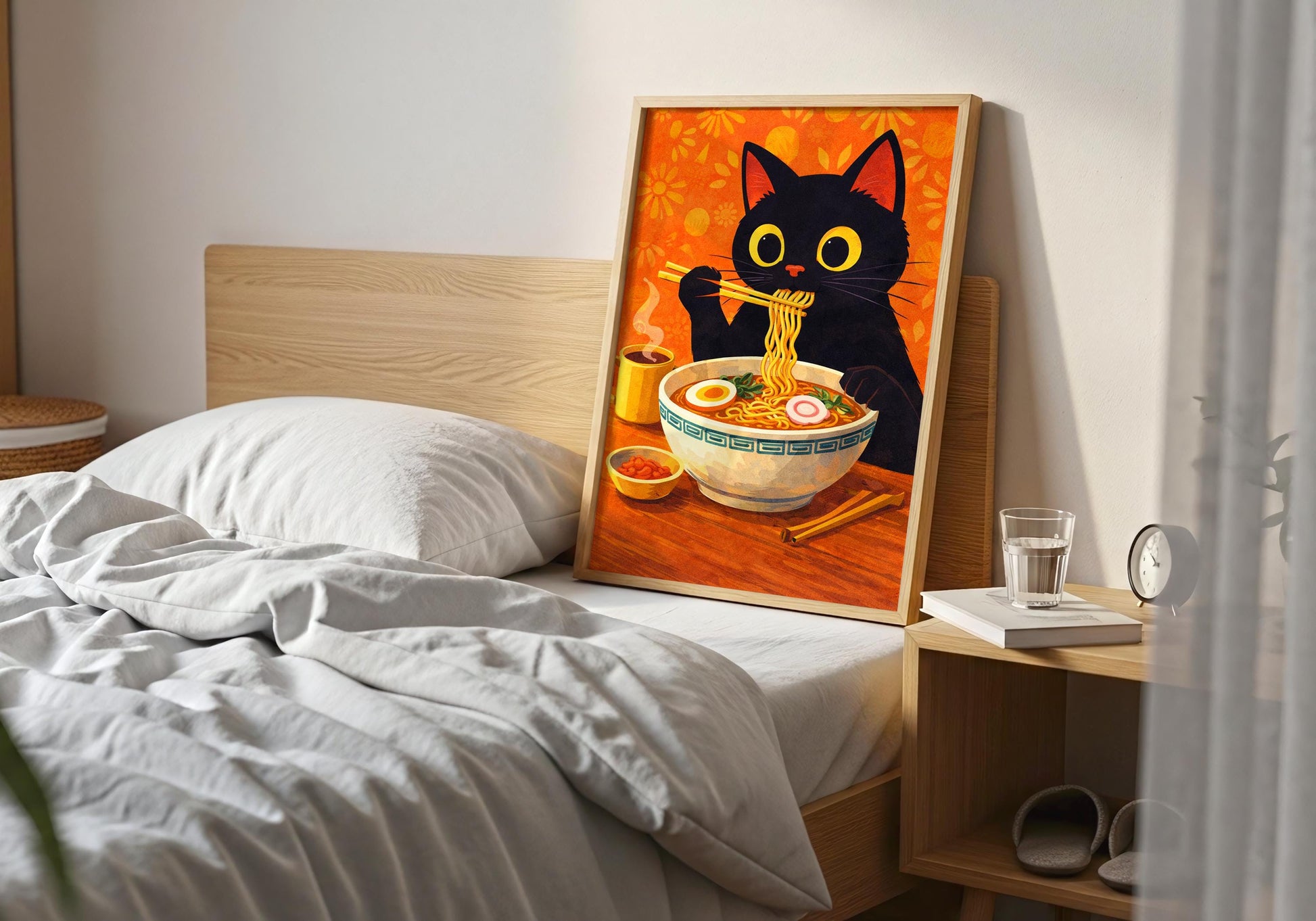 Anime style cat ramen print, cute food themed wall art