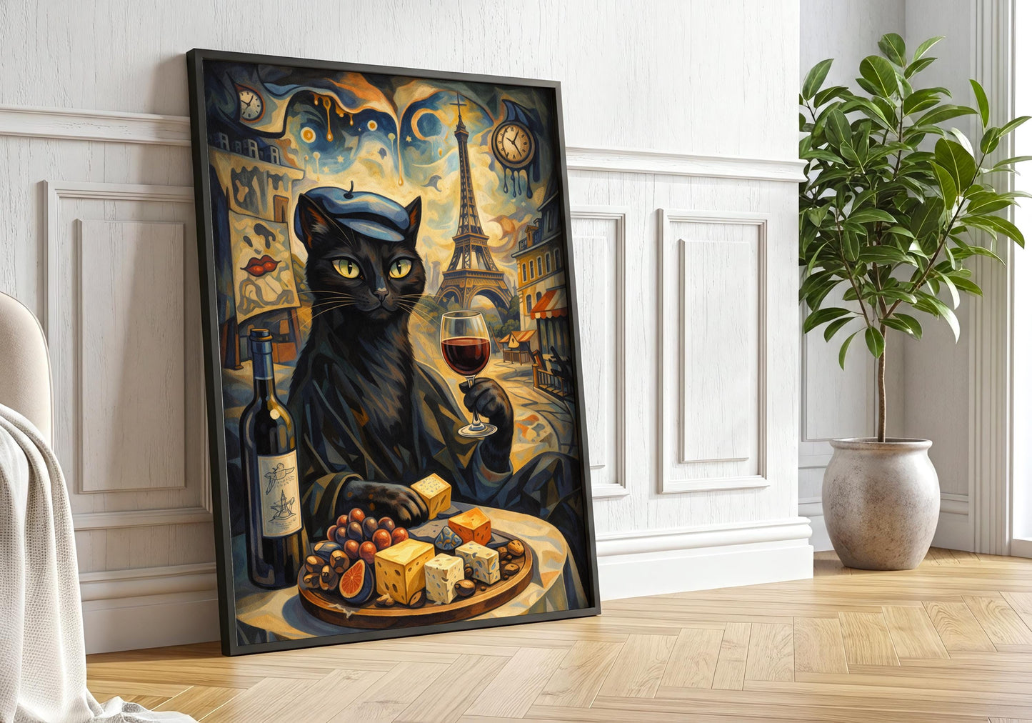 French aesthetic wall art with cat, wine bottle and cheese board
