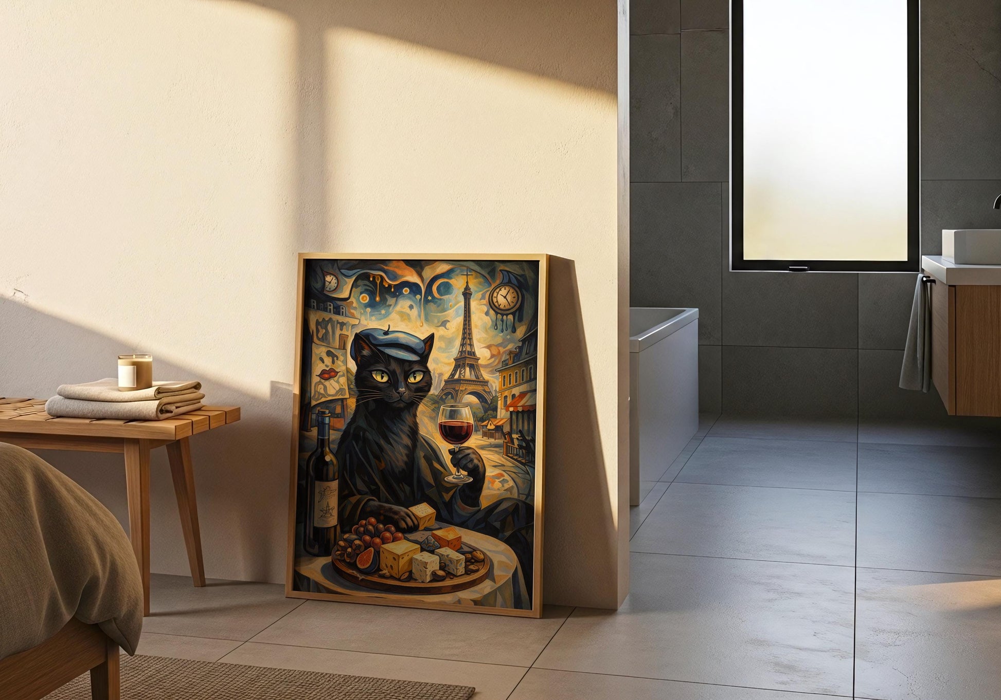 Artistic cat wine print inspired by Paris, surreal cityscape illustration