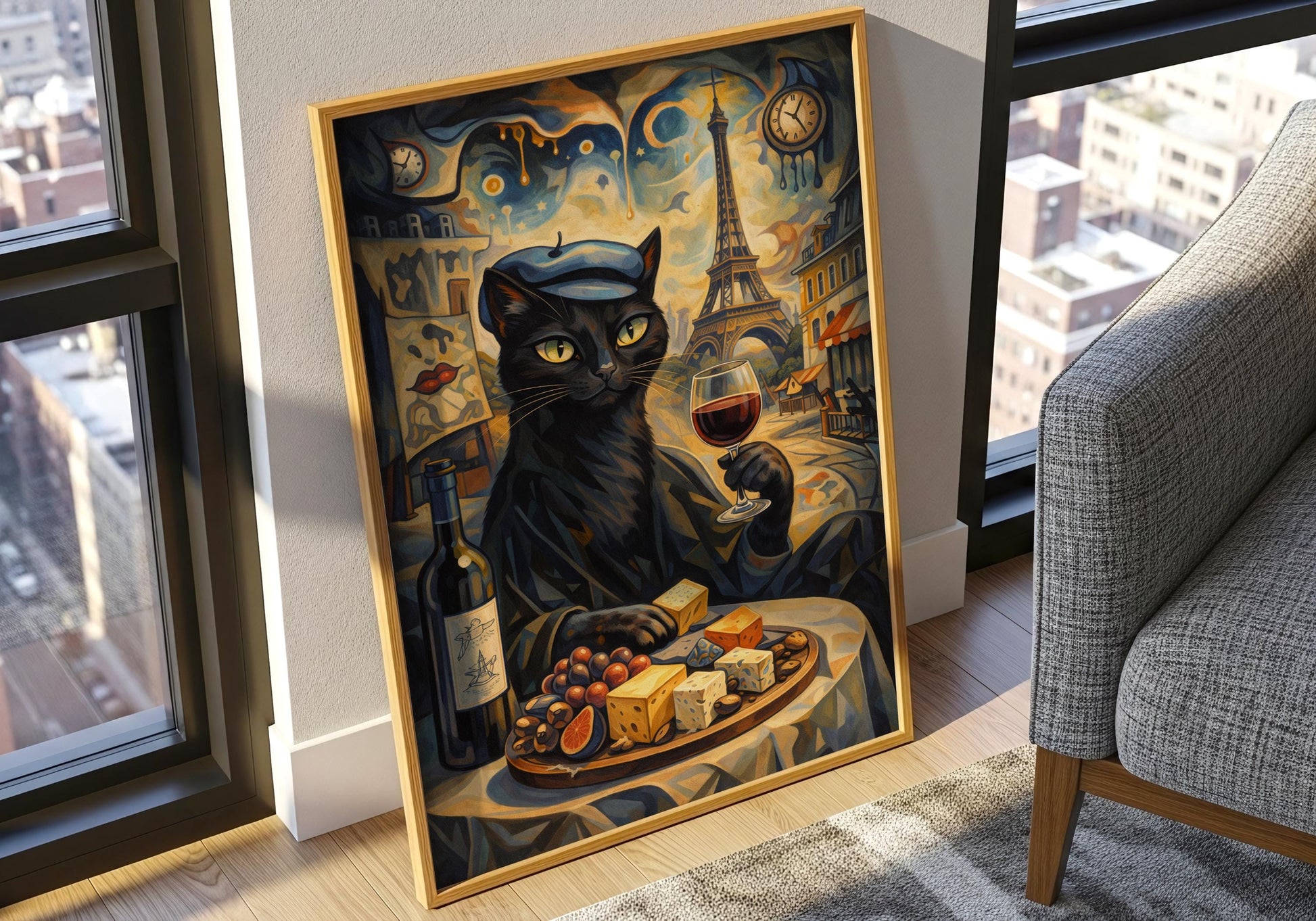 European cafe style wall art with black cat and wine, moody decor