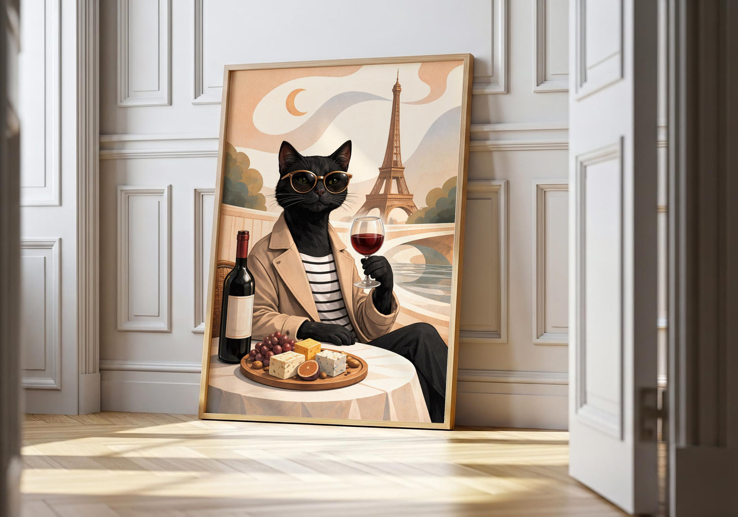 Chic black cat wine wall art with Eiffel Tower, Parisian aesthetic decor