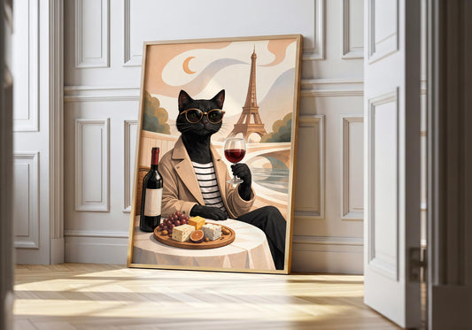 Chic black cat wine wall art with Eiffel Tower, Parisian aesthetic decor