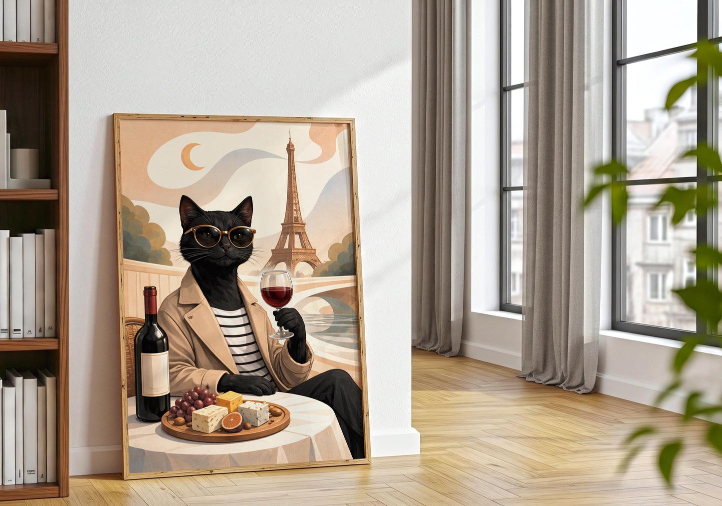 French lifestyle wall art with black cat, wine and Eiffel Tower