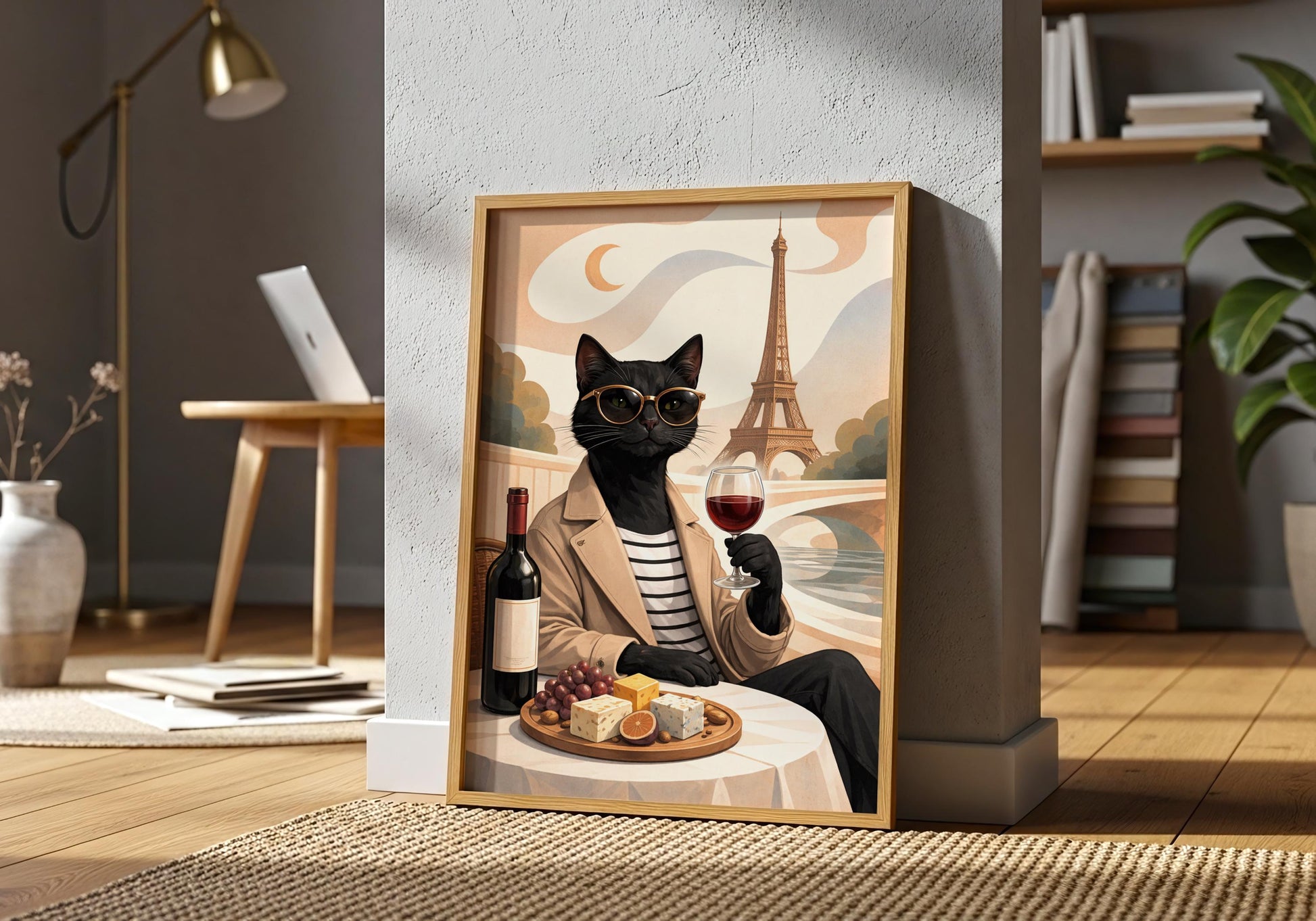 Stylish cat wine print, Paris aesthetic wall decor with fashion theme