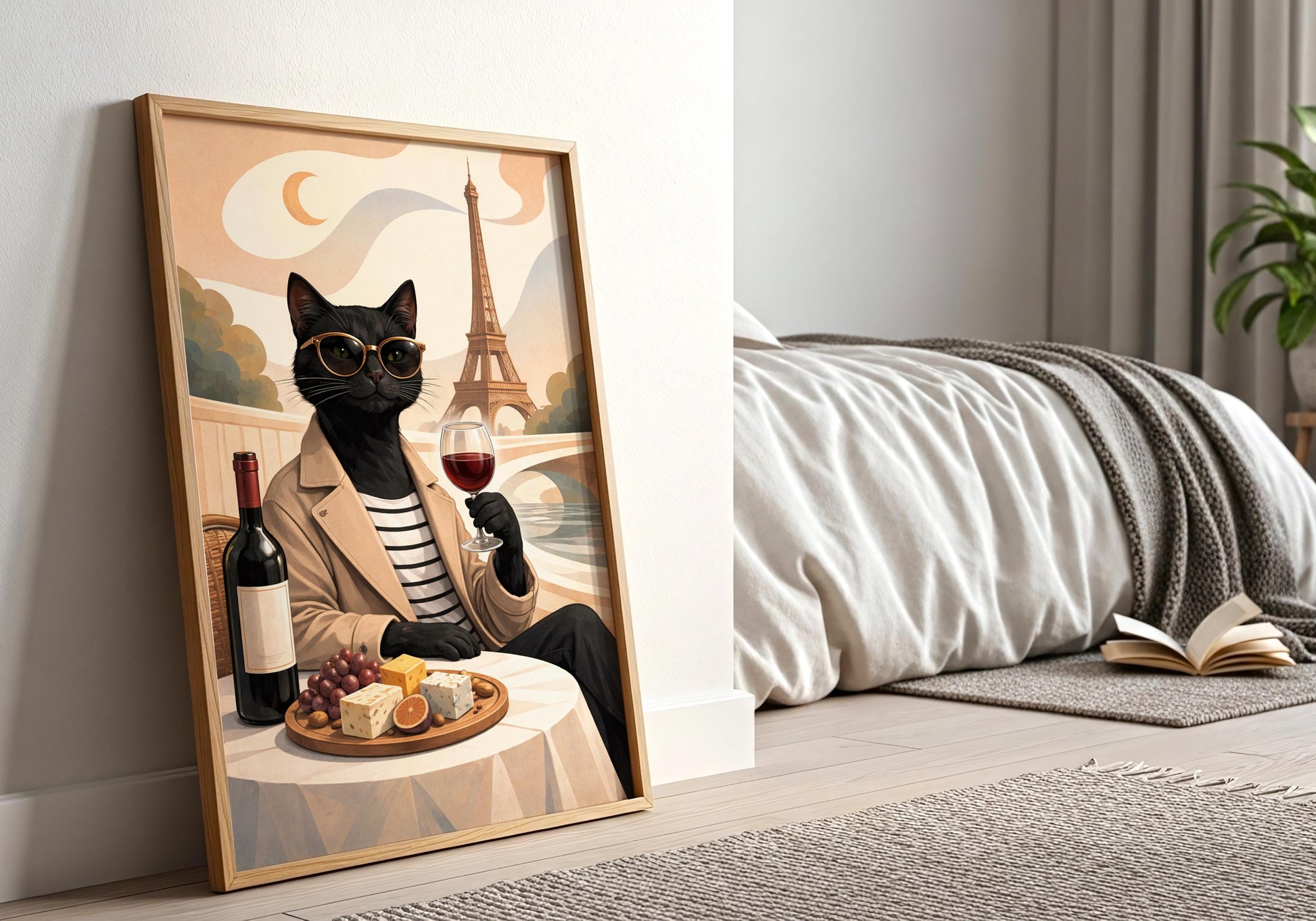 Elegant cat wine wall art with Eiffel Tower background, modern decor