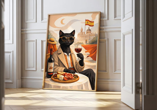 Black cat drinking wine wall art with Spanish flag, Mediterranean decor print