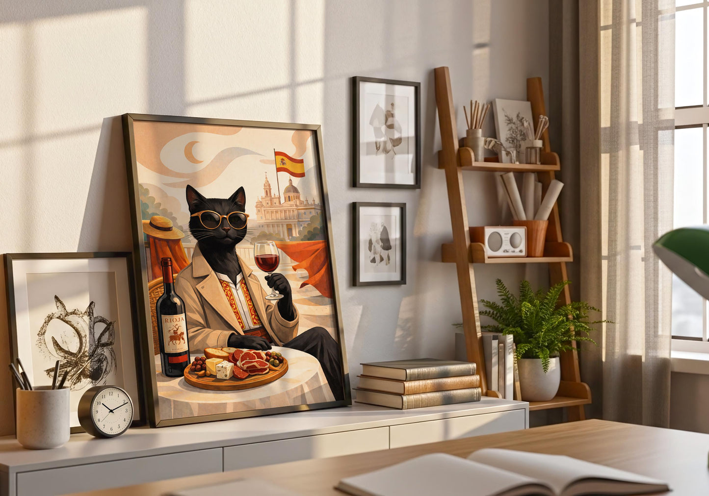 Spanish themed cat illustration with wine glass, unique foodie wall art