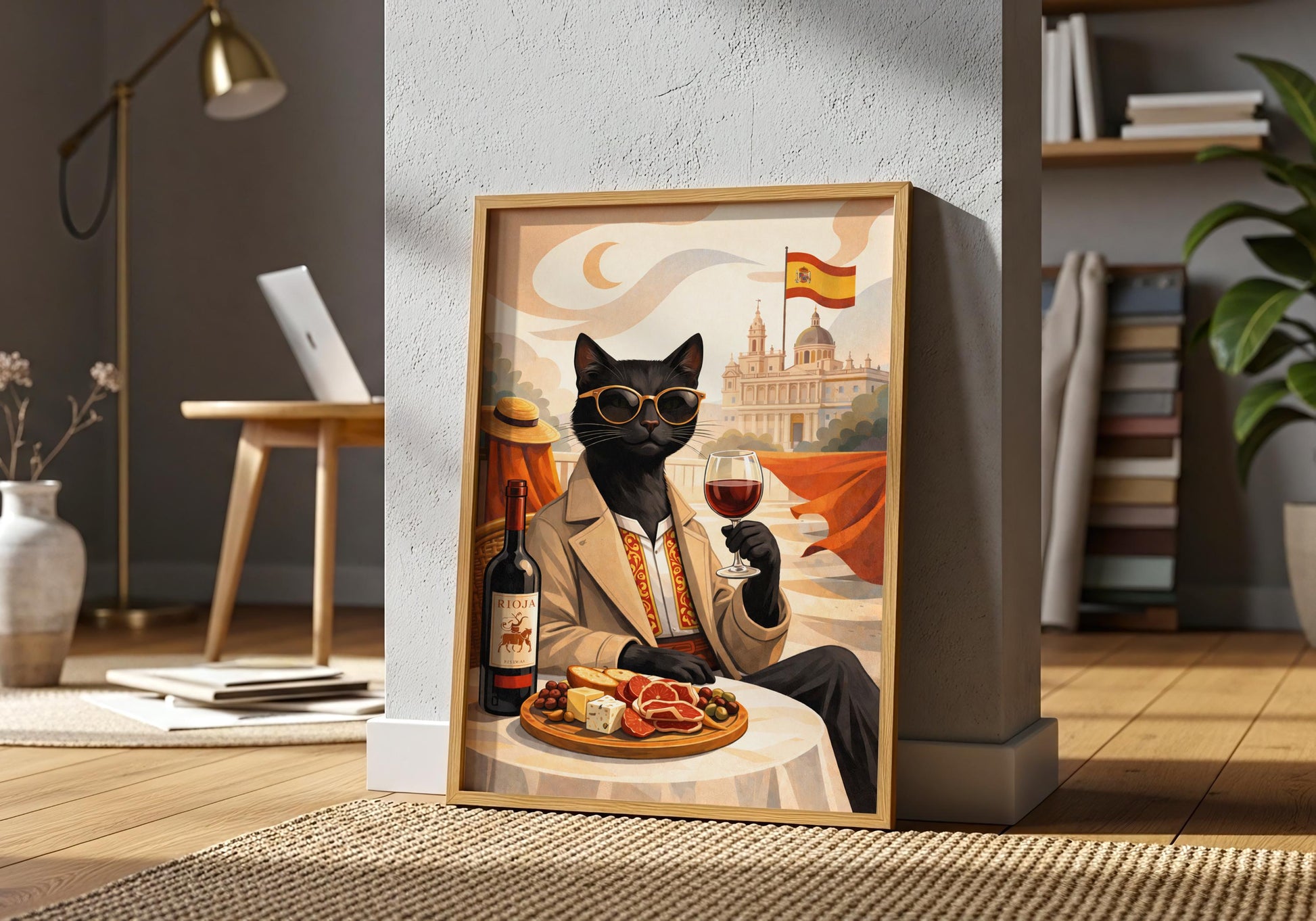 Rioja wine cat wall art print, Spanish culture inspired decor
