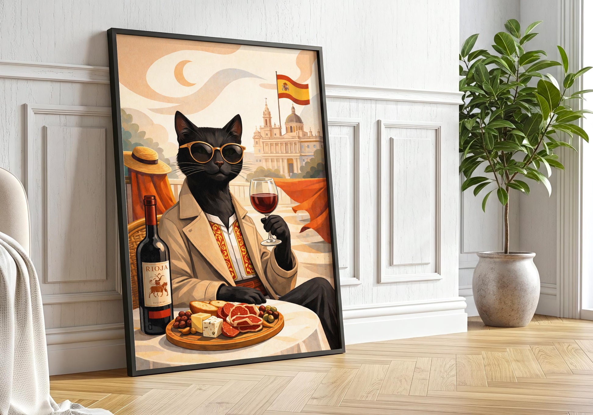 Spanish cat wine illustration with tapas and Rioja, kitchen wall art