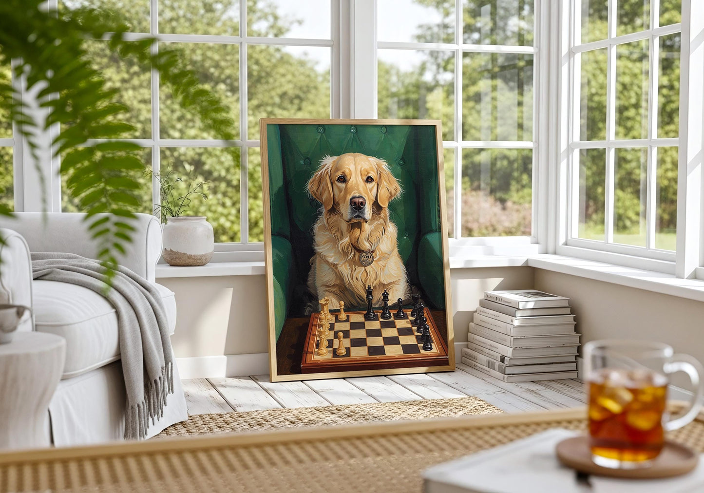 Intelligent dog playing chess illustration, unique home office wall art