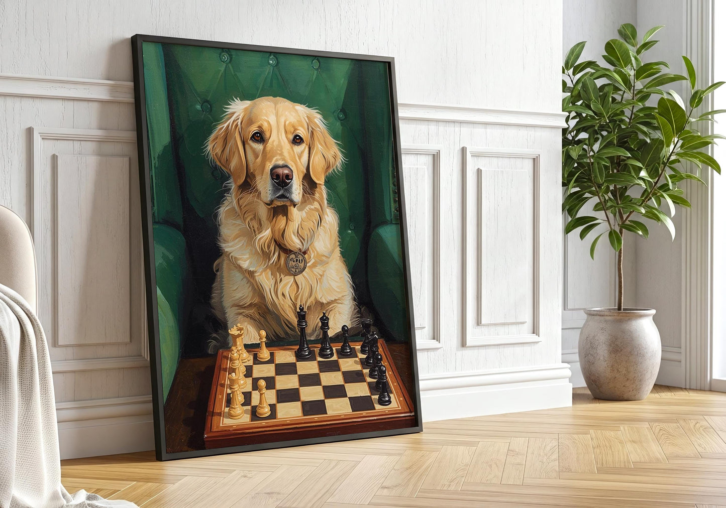 Dog chess wall art with golden retriever, chess player gift decor