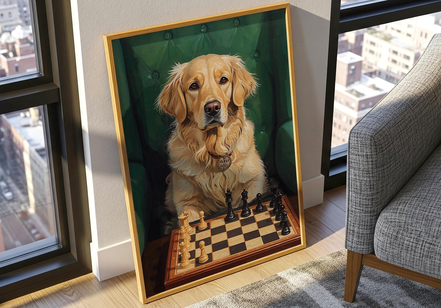 Golden retriever portrait with chess board, intellectual humor wall art