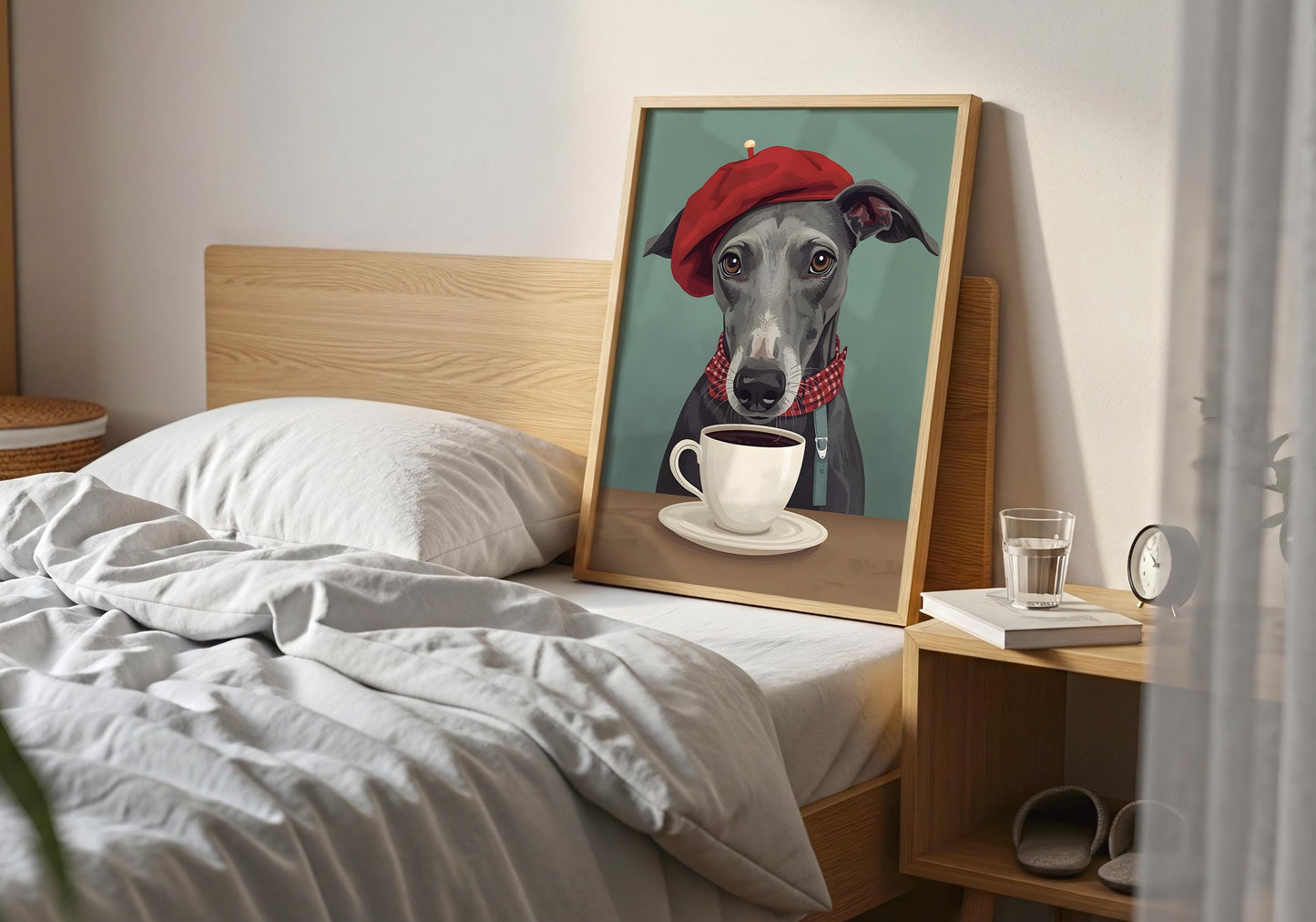 Coffee lover gift with greyhound illustration, cute dog kitchen decor