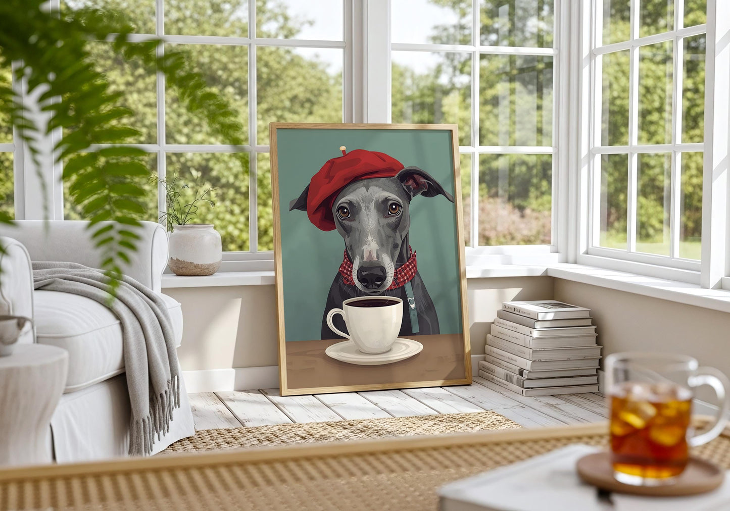 Funny dog coffee wall art, stylish greyhound with coffee cup