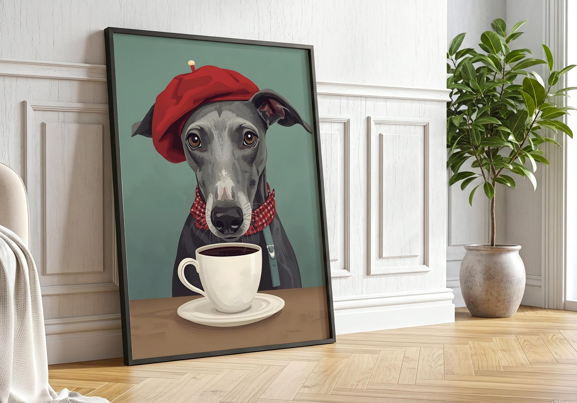 Whippet coffee art print with red beret, cute dog cafe decor