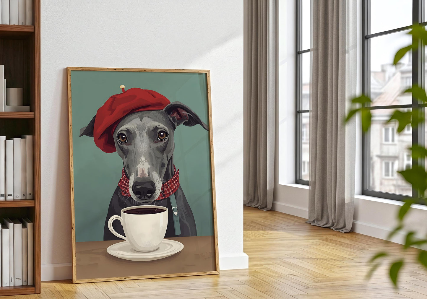 Cafe wall decor with dog in beret, cozy kitchen art print