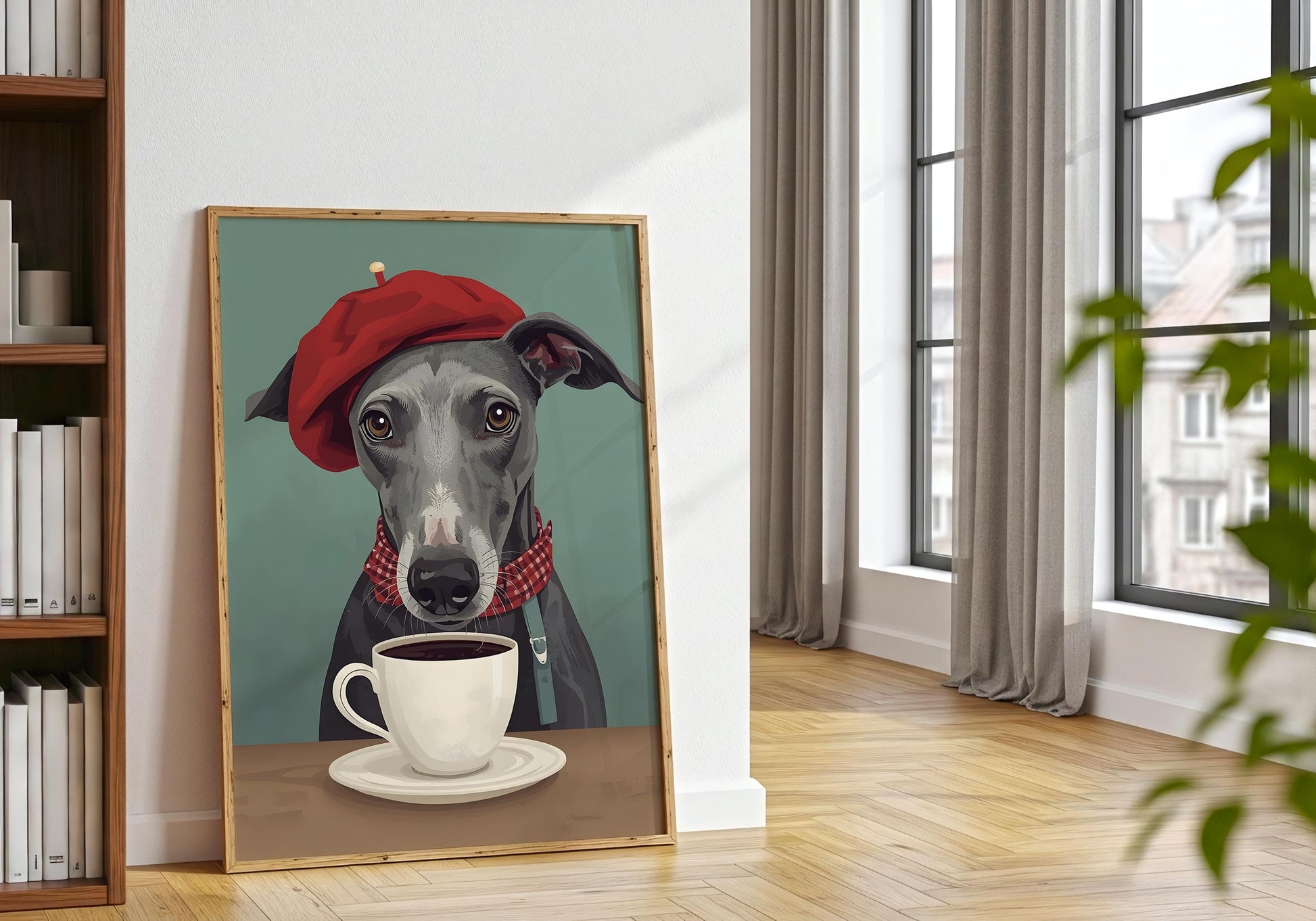 Cafe wall decor with dog in beret, cozy kitchen art print