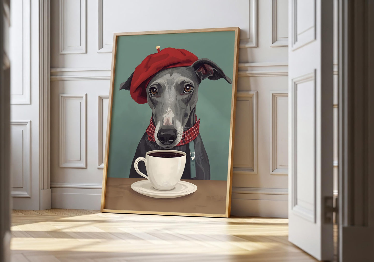 Greyhound drinking coffee wall art print, dog with beret cafe illustration