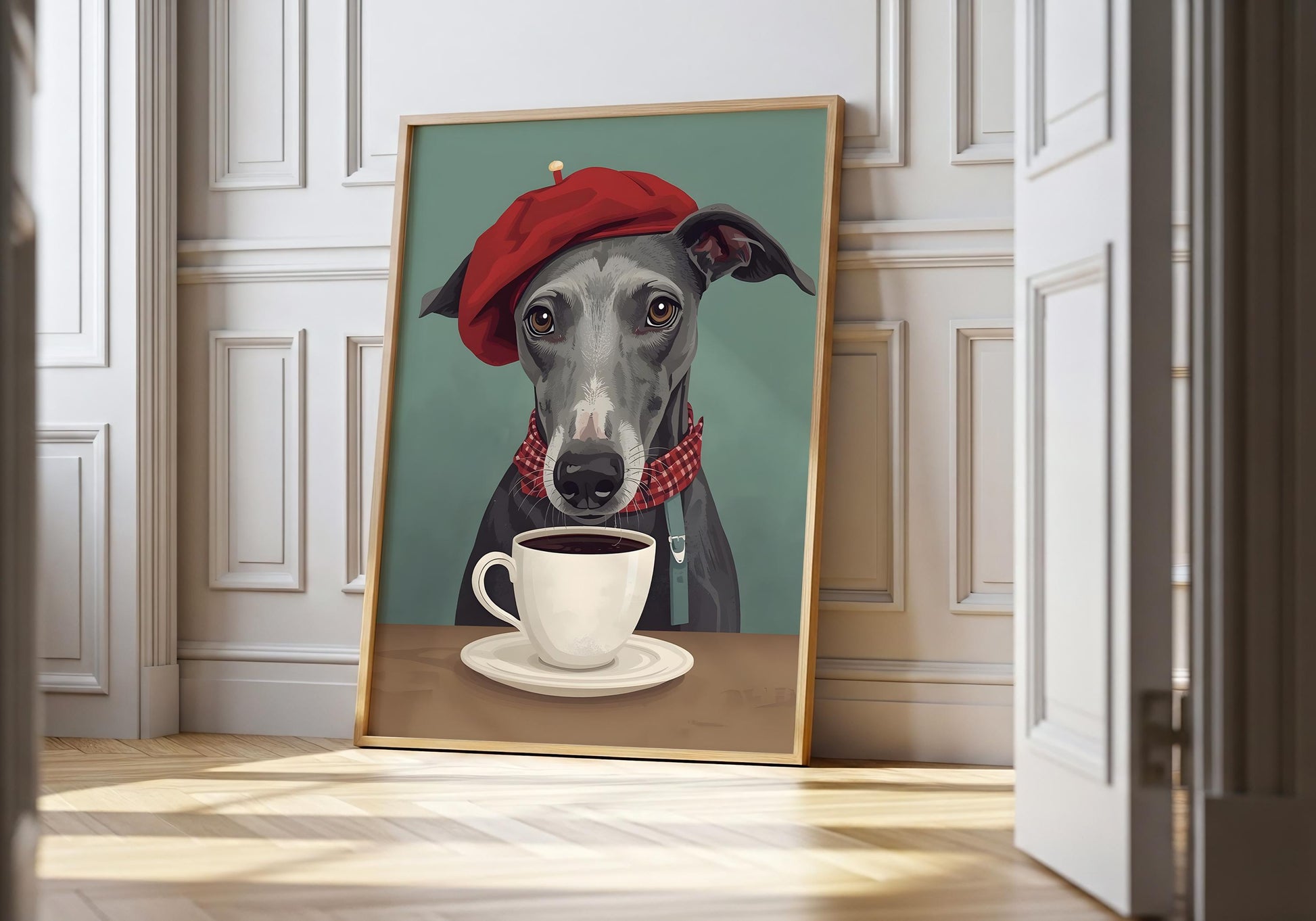 Greyhound drinking coffee wall art print, dog with beret cafe illustration
