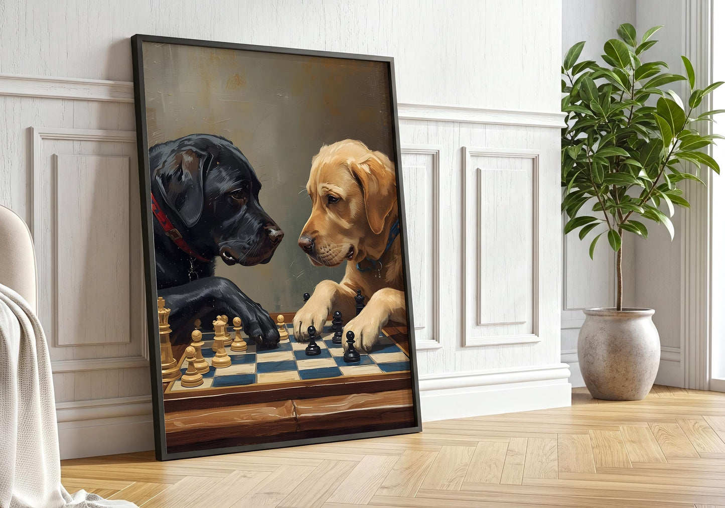 Dog chess game wall art with two puppies, funny animal chess print