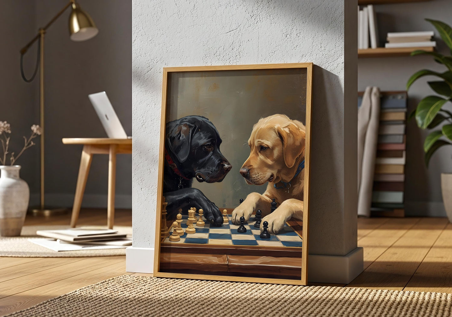 Funny dog playing chess wall art, animal chess decor print