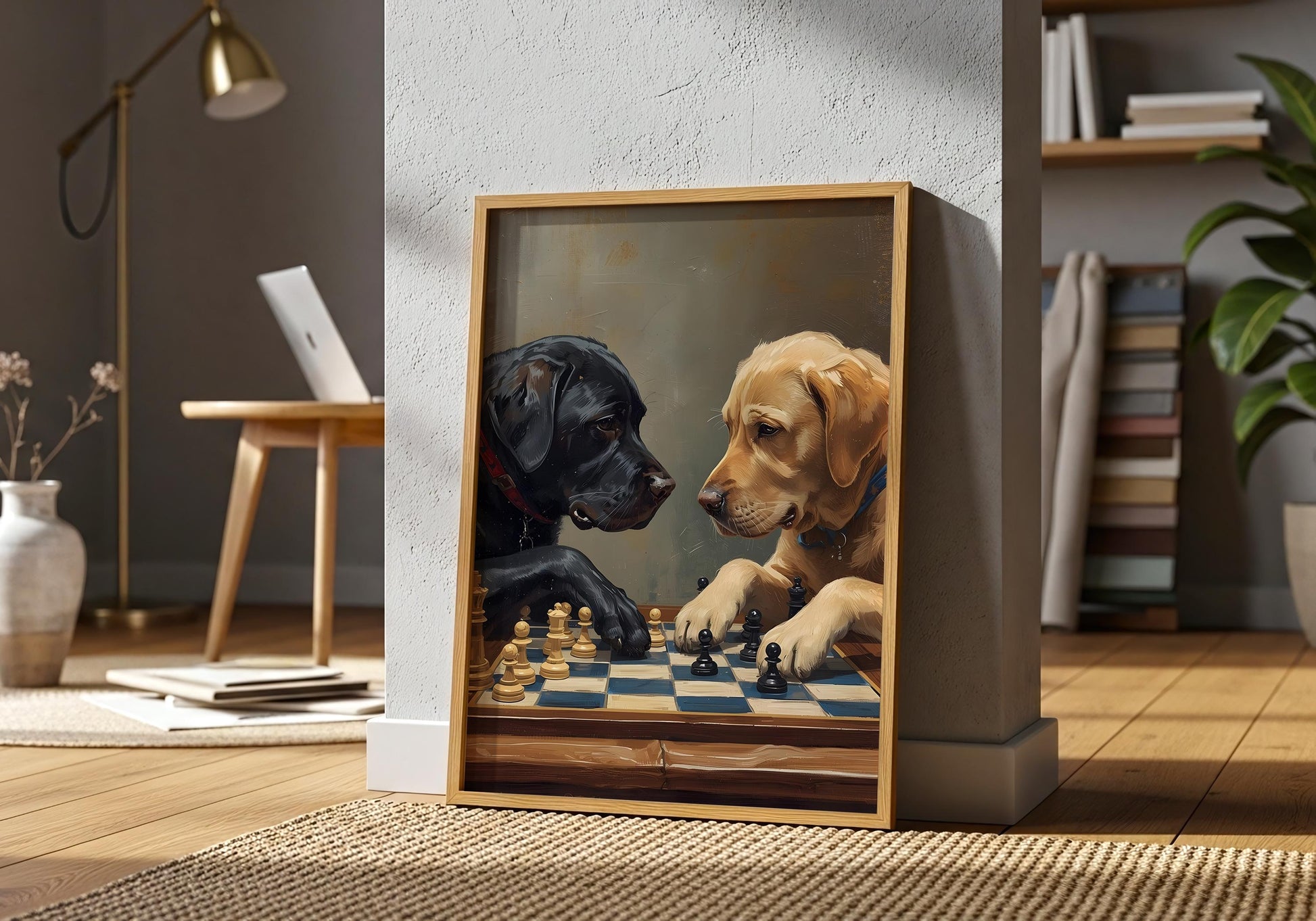 Funny dog playing chess wall art, animal chess decor print