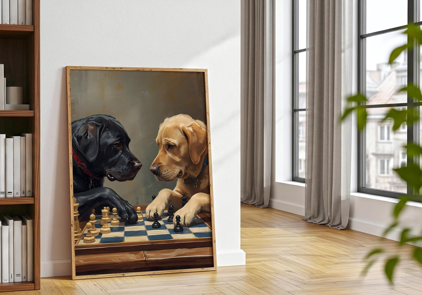 Two dogs chess illustration print, unique gift for chess players
