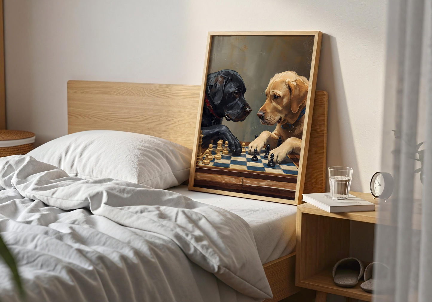 Dog friendship wall art with chess game, cute pet illustration