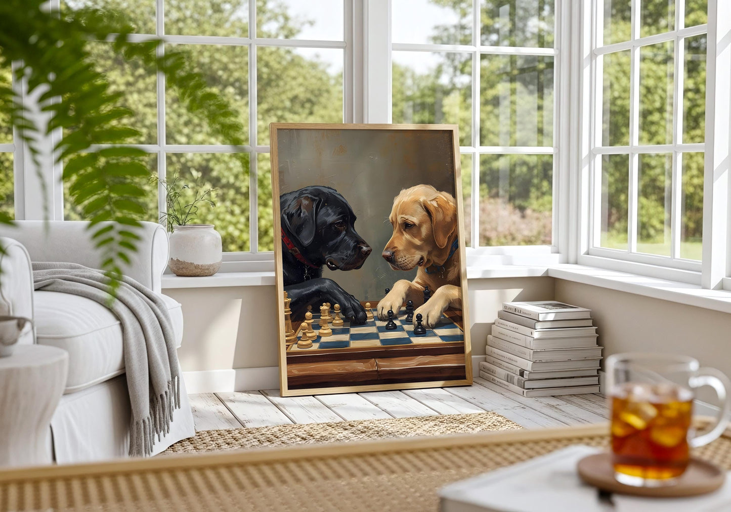 Chess lover gift with dogs playing chess, quirky wall decor