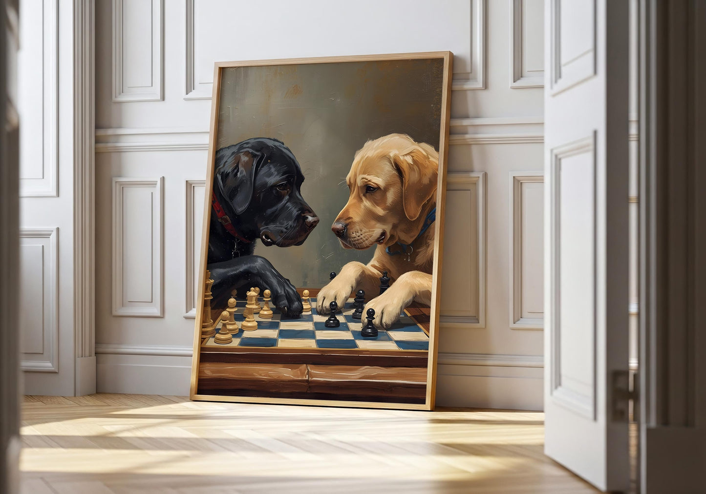 Two dogs playing chess wall art print, black and golden retriever illustration