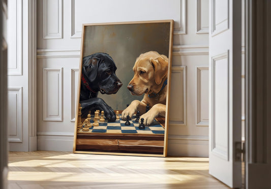 Two dogs playing chess wall art print, black and golden retriever illustration