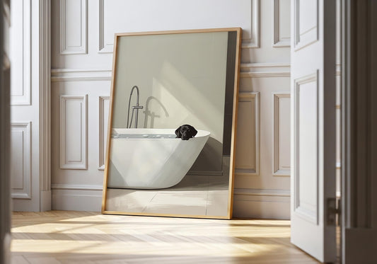 Black labrador in bathtub wall art print, minimalist bathroom decor