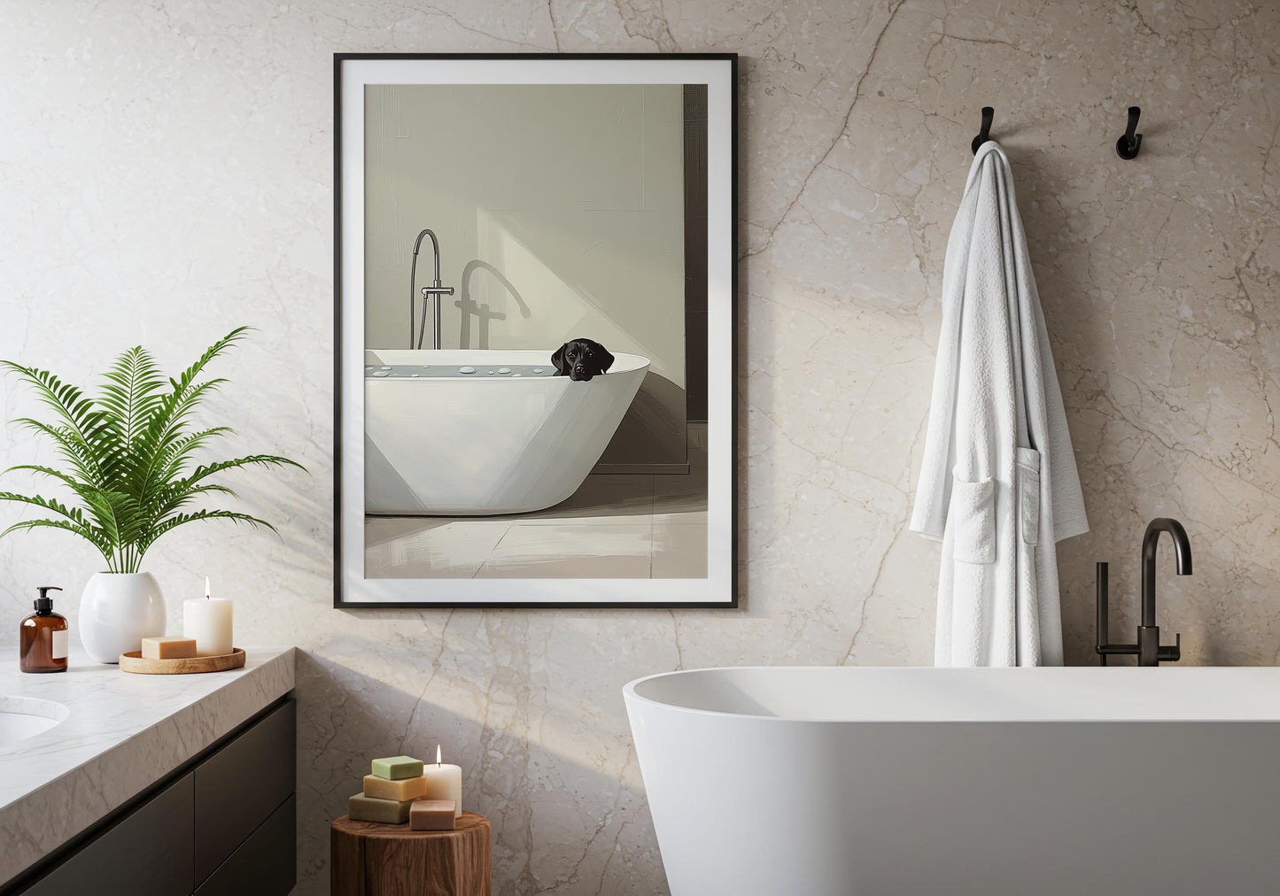 Black lab dog bathroom wall art, calming spa aesthetic print