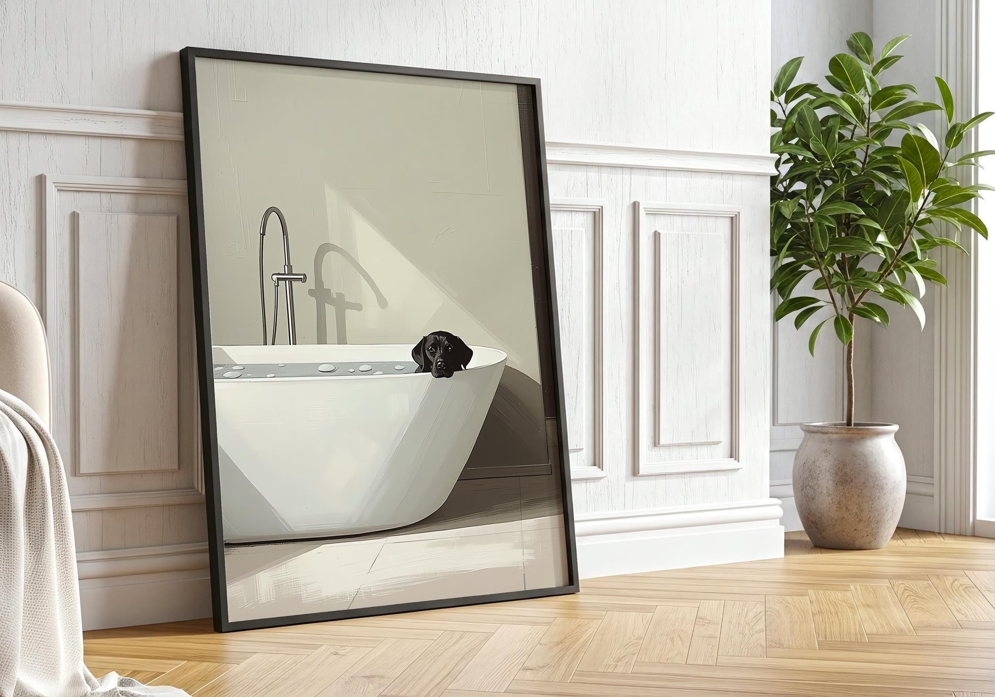 Cute black dog bath illustration, modern spa style wall art