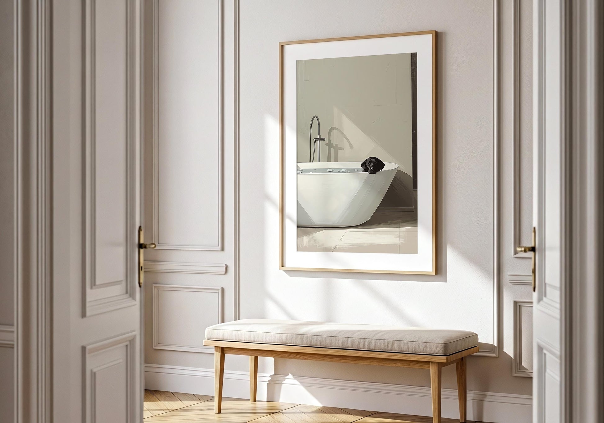Cute puppy bath print, modern bathroom wall decor
