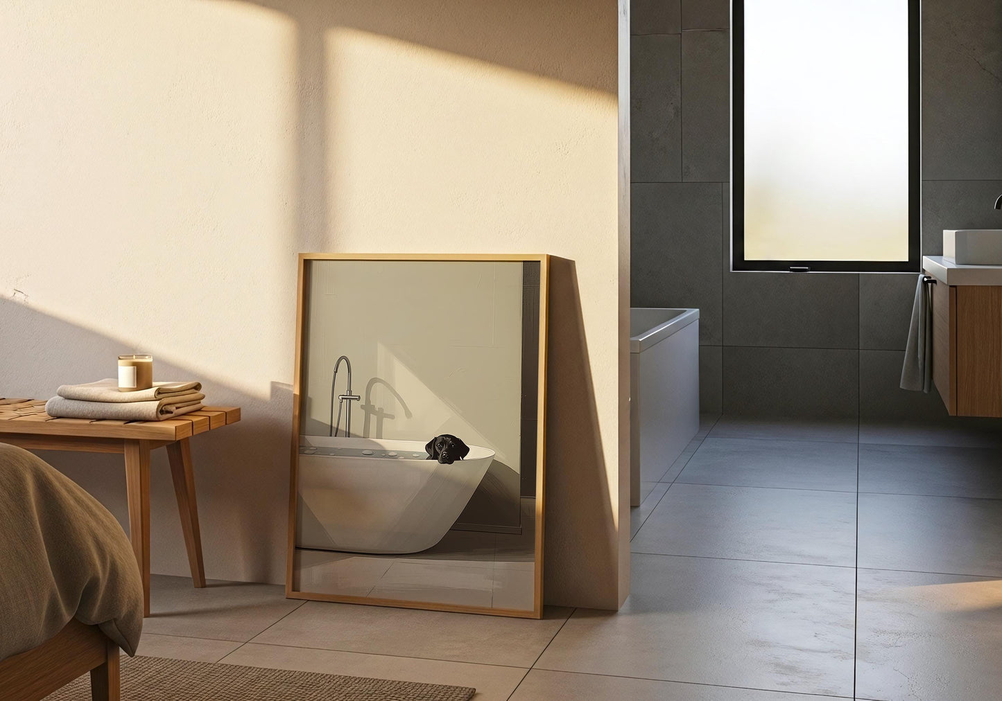 Dog in bathtub illustration print, relaxing home decor artwork